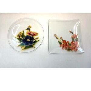(2) Vintage Chance? Hand Painted Glass Plate Decorative Plates Floral Reverse